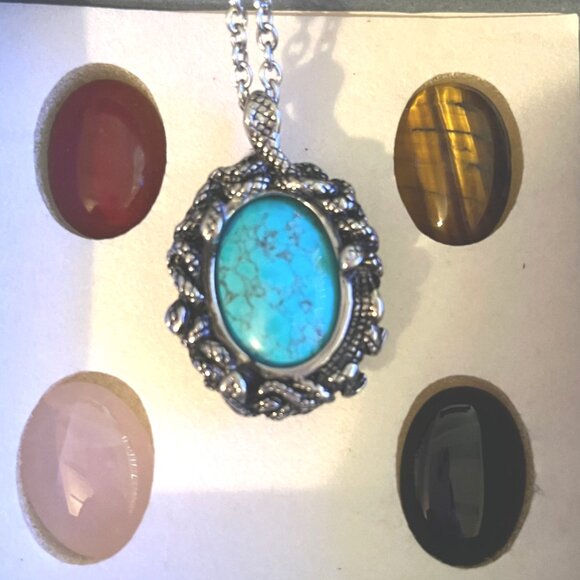 Silver Tone Necklace with Five Interchangeable Cabochon Gemsones New In Box - Picture 4 of 8